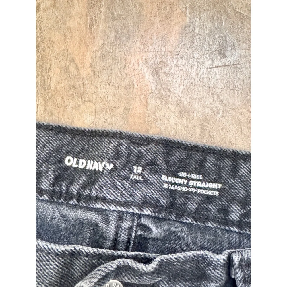 Old Navy High Rise Black Mom Jeans Womens 12 Tall Distressed Straight Leg